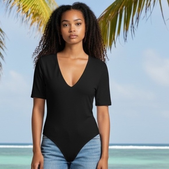 Free People Tops - Free People Black Deep V Neck Short Sleeve Thong Bodysuit L Made in USA